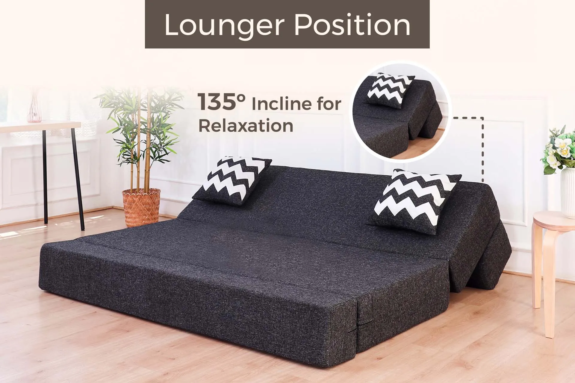 Jute Sofa Bed, Dark Grey | 6 x 6, Three Seater | 2 ZigZag Cushions
