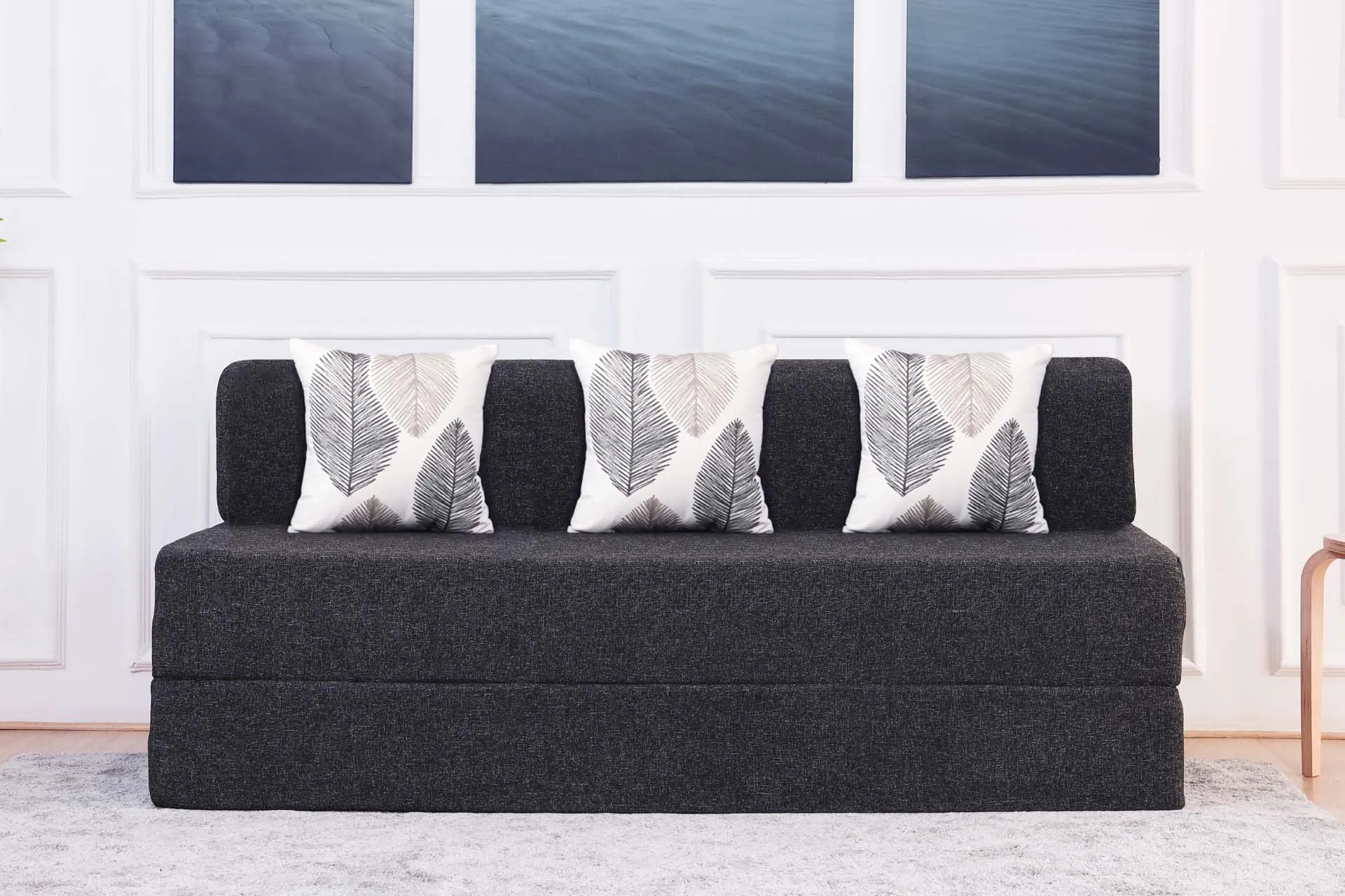 Jute Sofa Bed, Dark Grey | 6 x 6, Three Seater | 3 Thread Bare Cushions