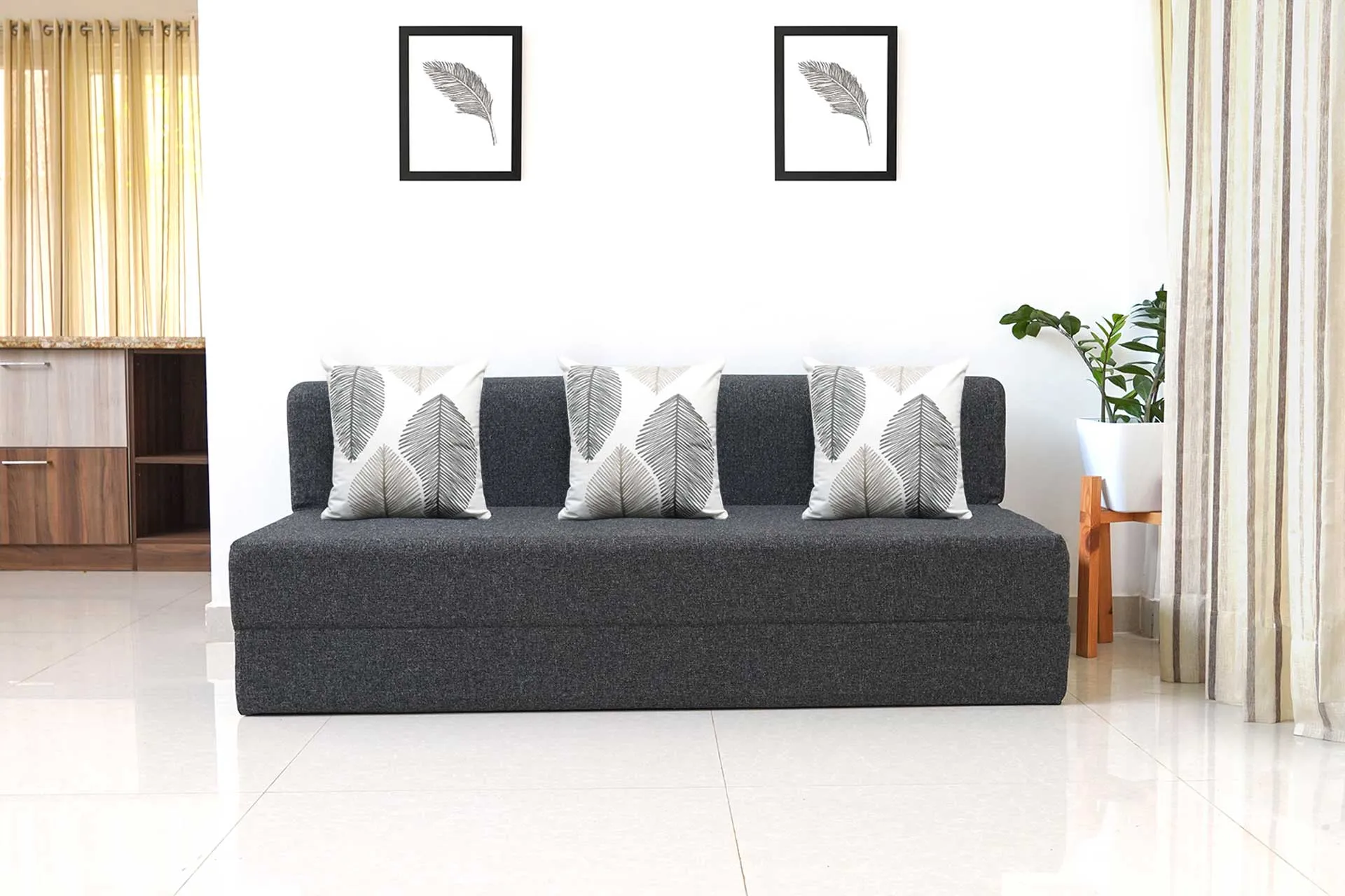 Jute Sofa Bed, Dark Grey | 6.5 x 6, Three Seater | 3 Thread Bare Cushions