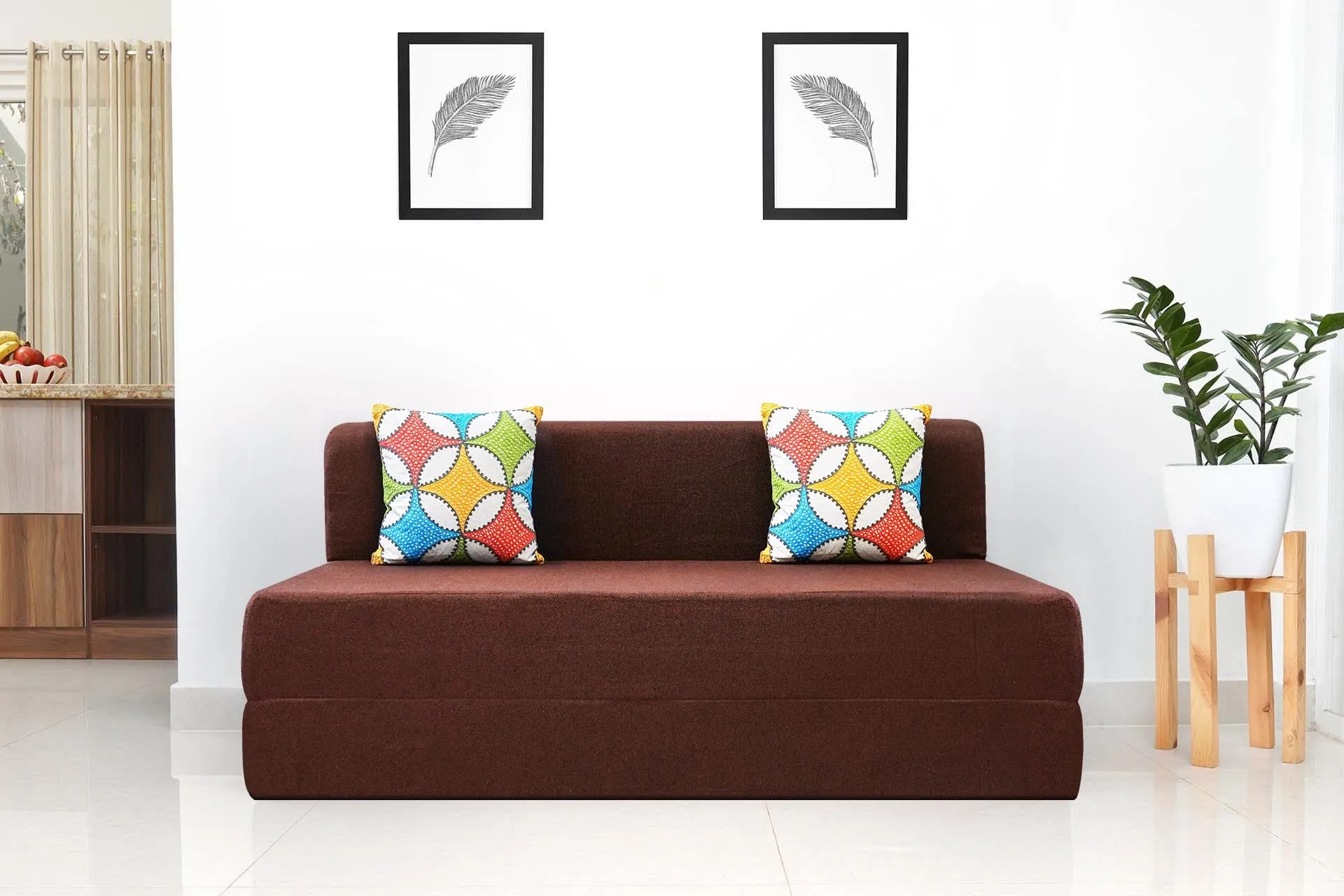 Jute Sofa Bed, Malt Brown | 5 x 6, Three Seater | 2 Jharokha Cushions