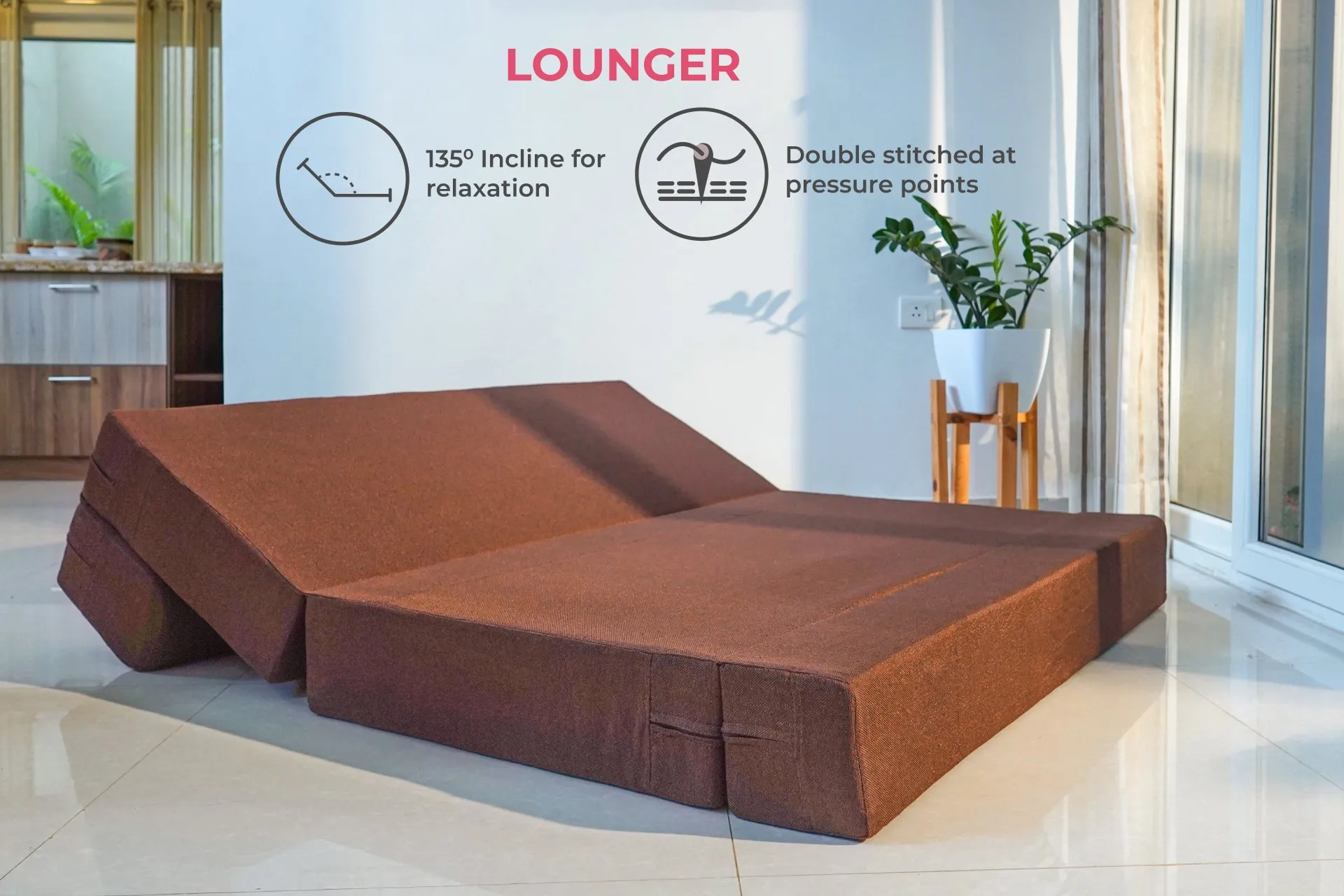 Jute Sofa Bed, Malt Brown | 6 x 6, Three Seater | 2 Diamond Cushions