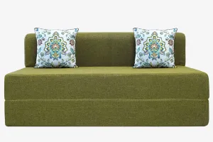 Jute Sofa Bed, Olive Green | 5 x 6, Three Seater | 2 Green Morpankhi Cushions