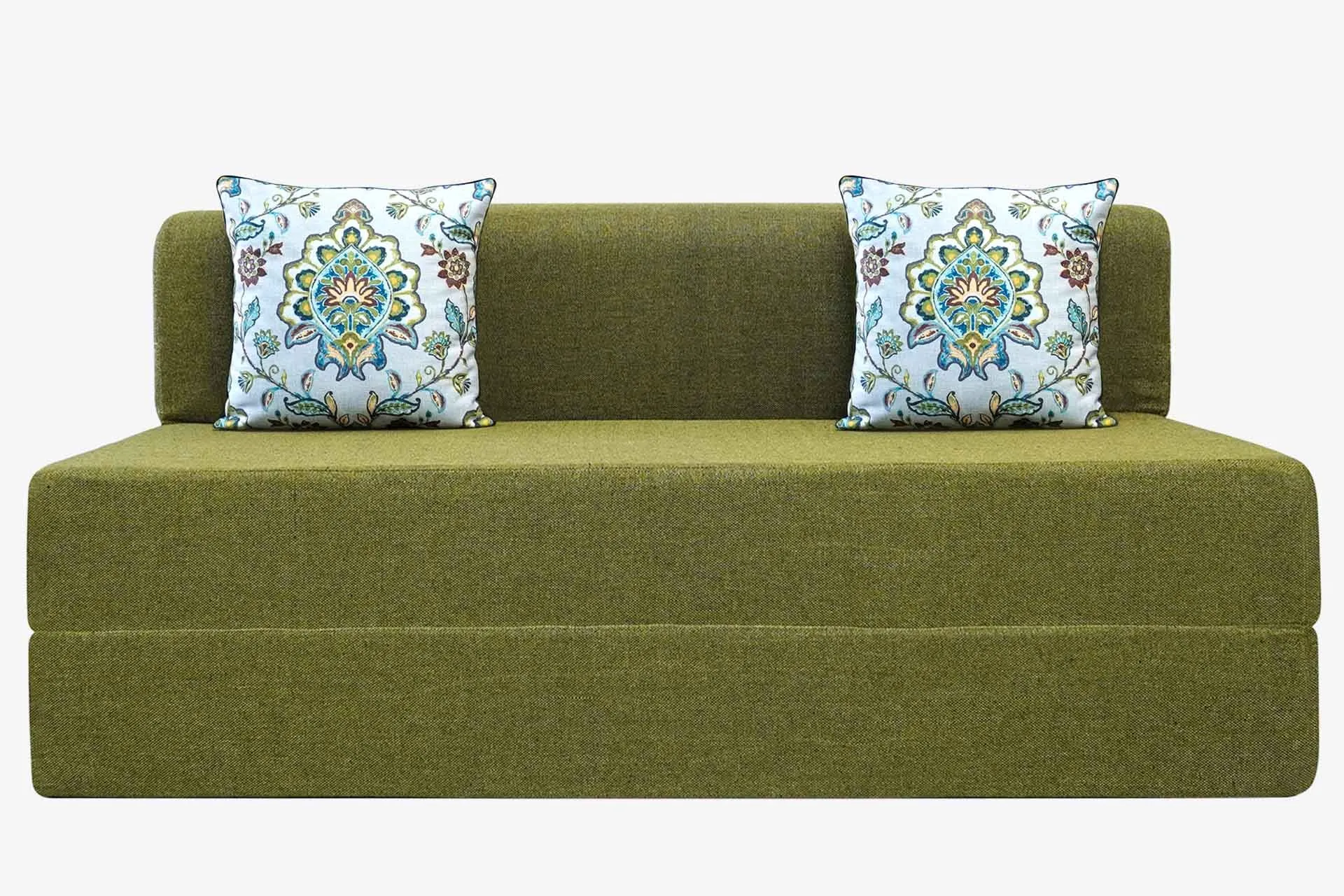 Jute Sofa Bed, Olive Green | 5 x 6, Three Seater | 2 Green Morpankhi Cushions