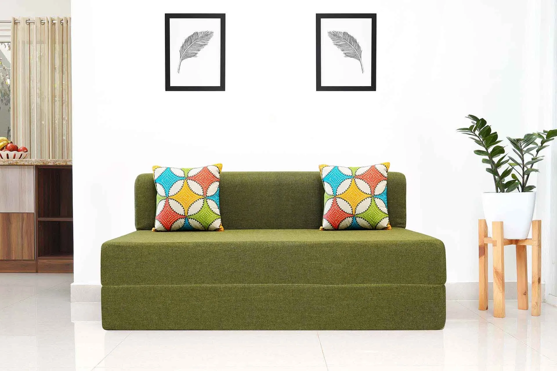 Jute Sofa Bed, Olive Green | 5 x 6, Three Seater | 2 Jharokha Cushion