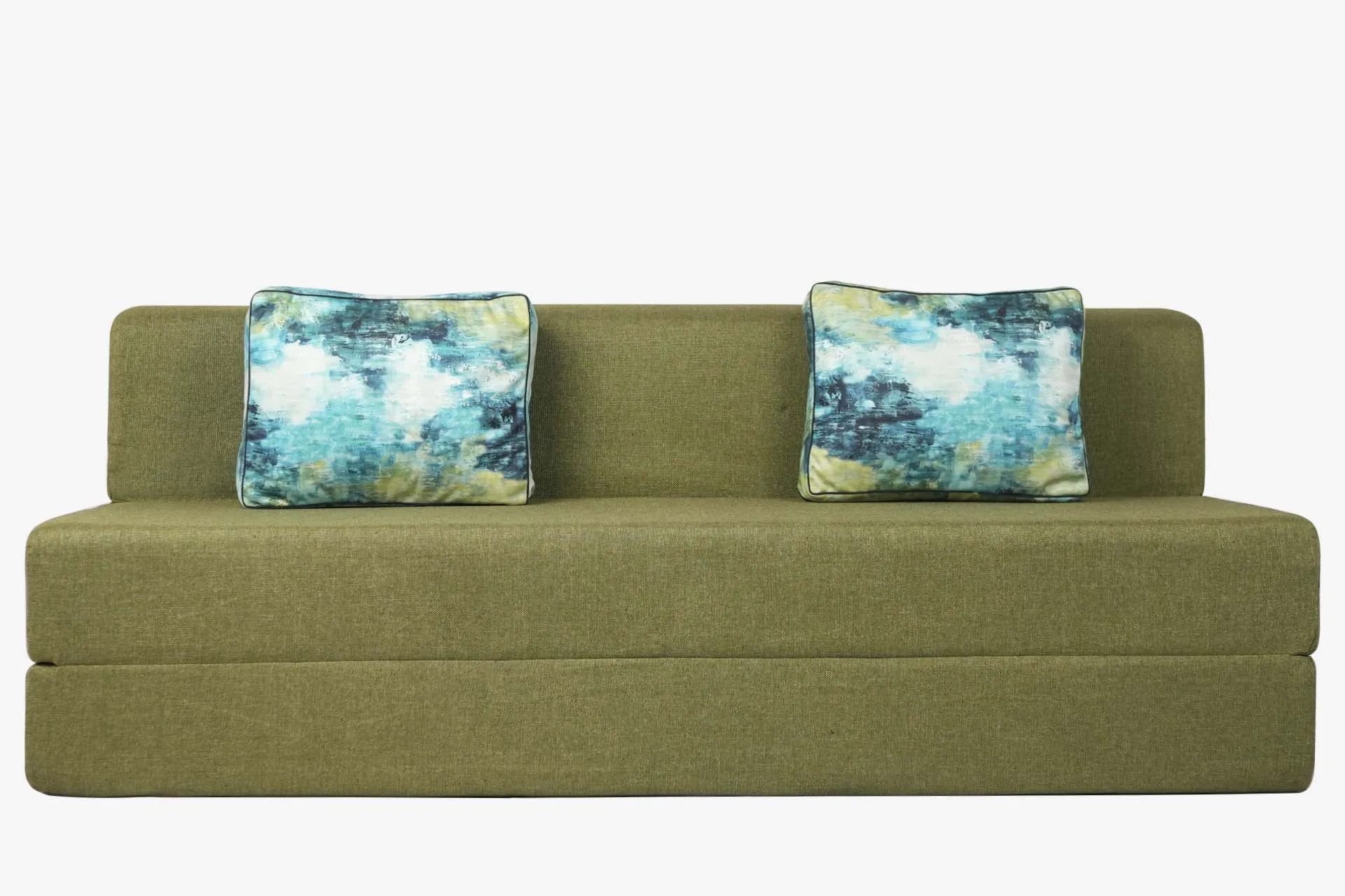 Jute Sofa Bed, Olive Green | 6 x 6, Three Seater | 2 Ocean Hues Cushions