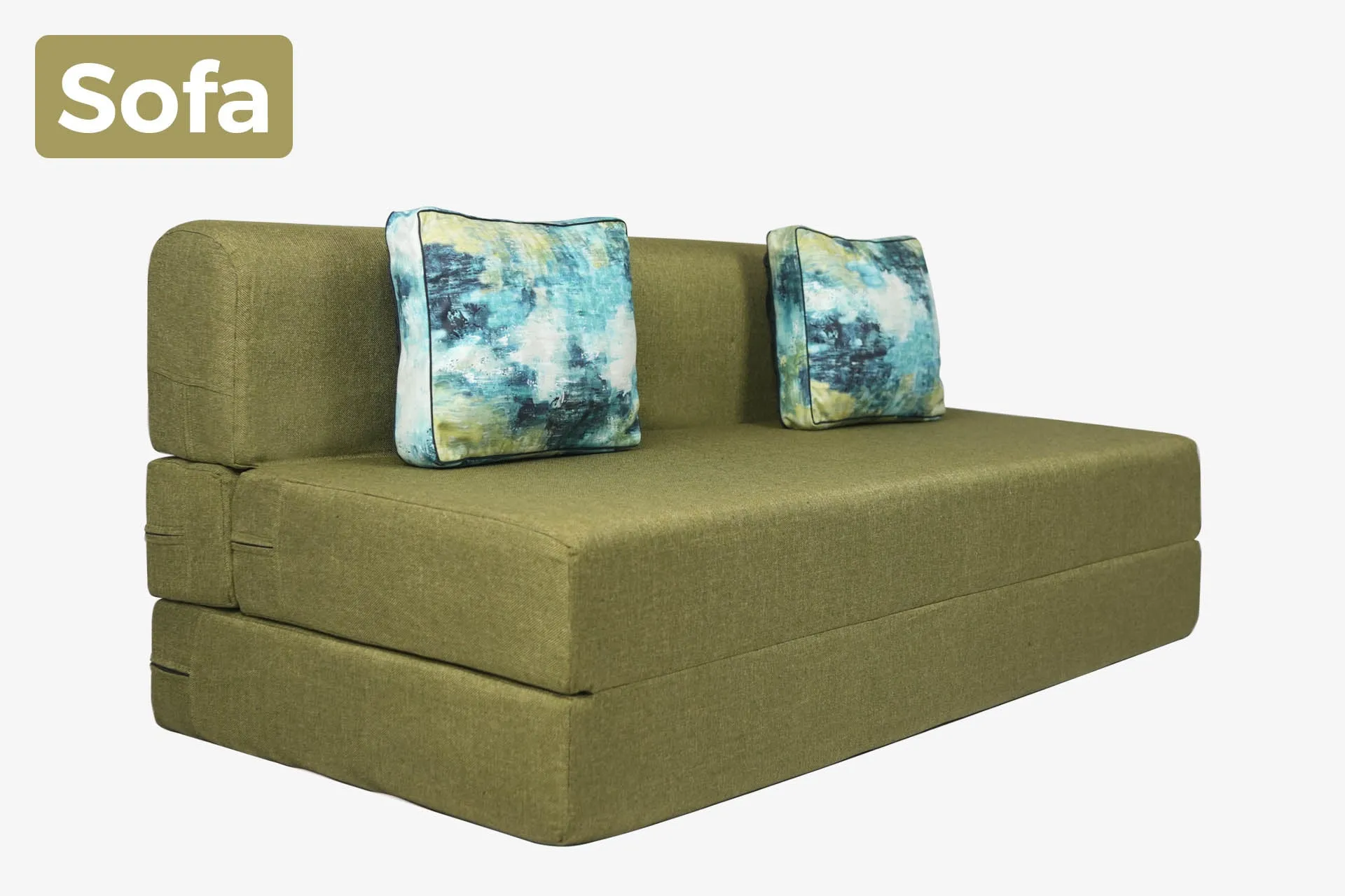Jute Sofa Bed, Olive Green | 6 x 6, Three Seater | 2 Ocean Hues Cushions