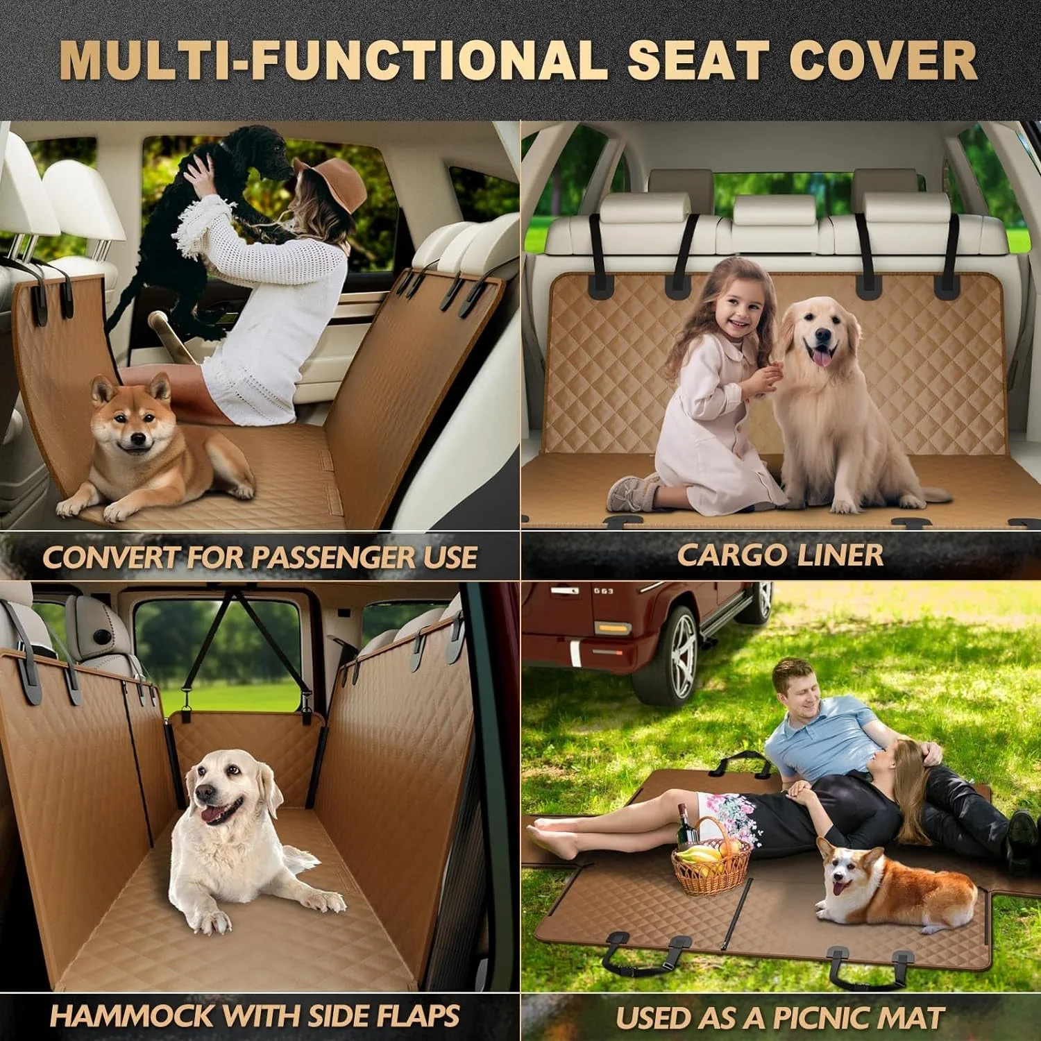 K KNODEL Dog Seat Cover, Waterproof Car Seat Cover for Pets, Pet Seat Cover Dog Hammock, Heavy Duty Scratch Proof Pet Back Seat Covers, Zippered Side Flaps for Cars, Trucks and Suvs (Brown)