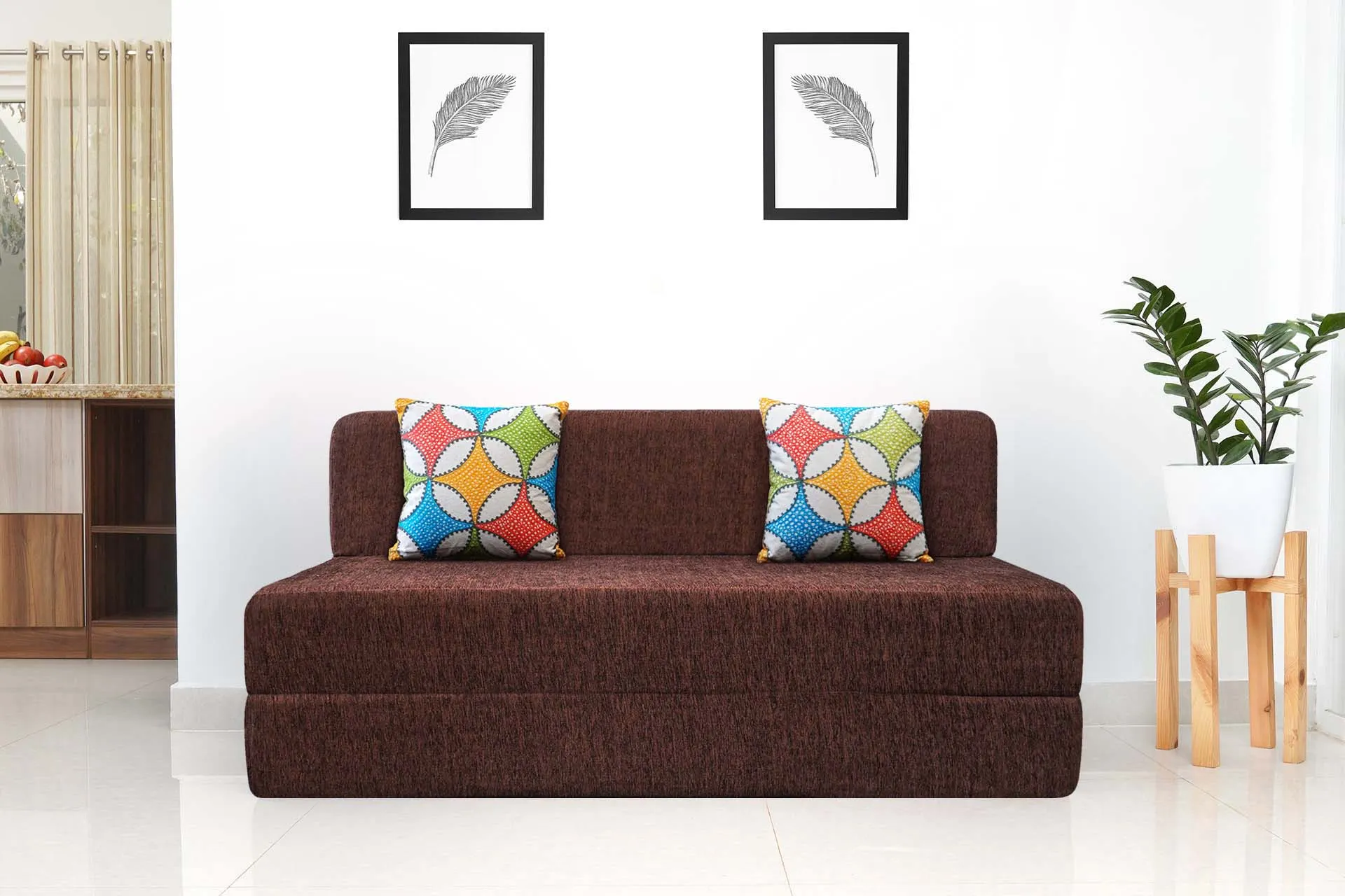 Molfino Sofa Bed, Brown | 5 x 6, Three Seater | 2 Jharoka Cushions