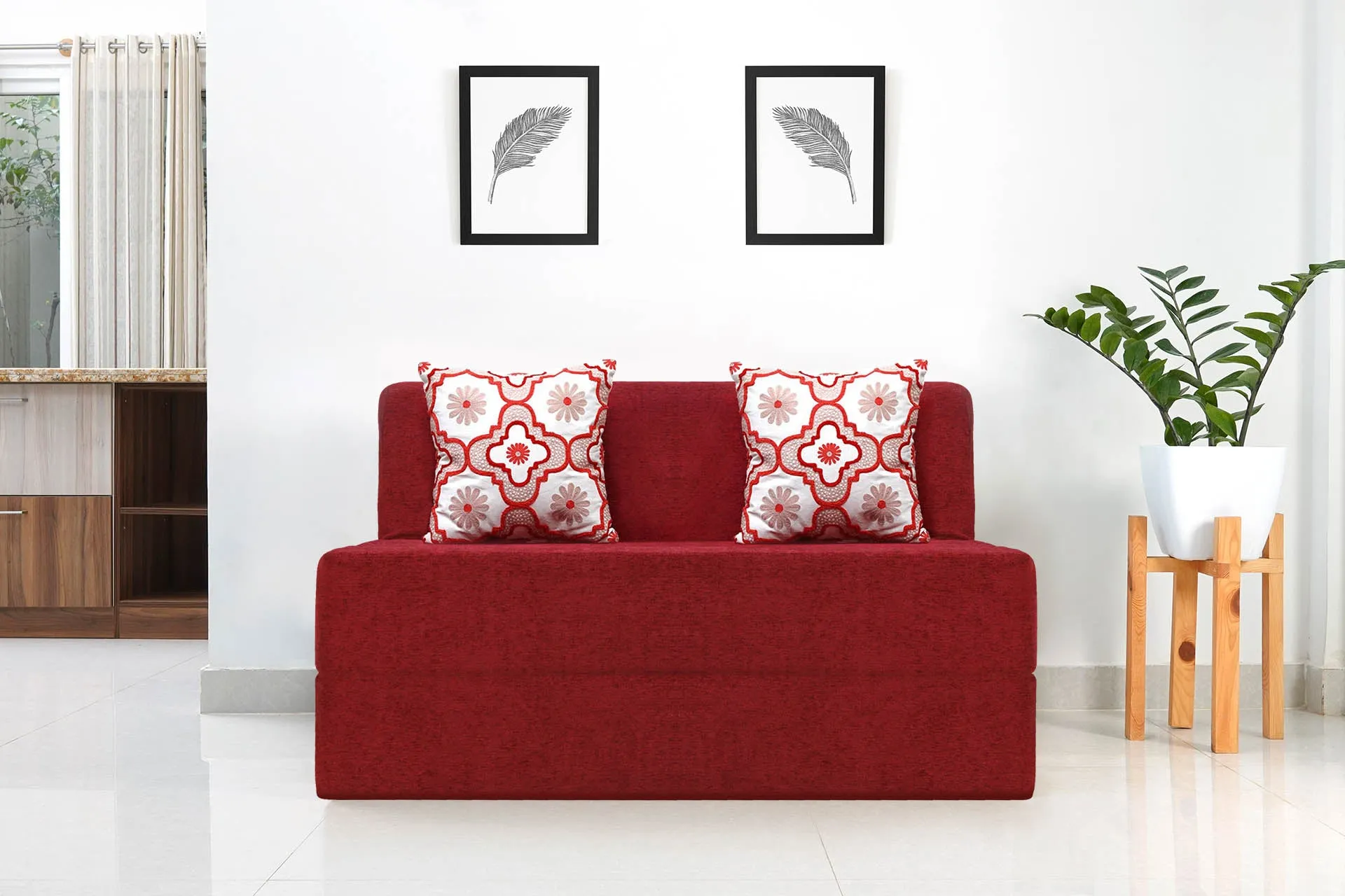Molfino Sofa Bed, Maroon | 4 x 6, Double Seater | 2 Red Quartet Cushions