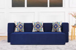Uberlyfe New Age Folding Sofa Bed, Dotted Blue | 3 Seater | 3 Blue Medallion Cushion