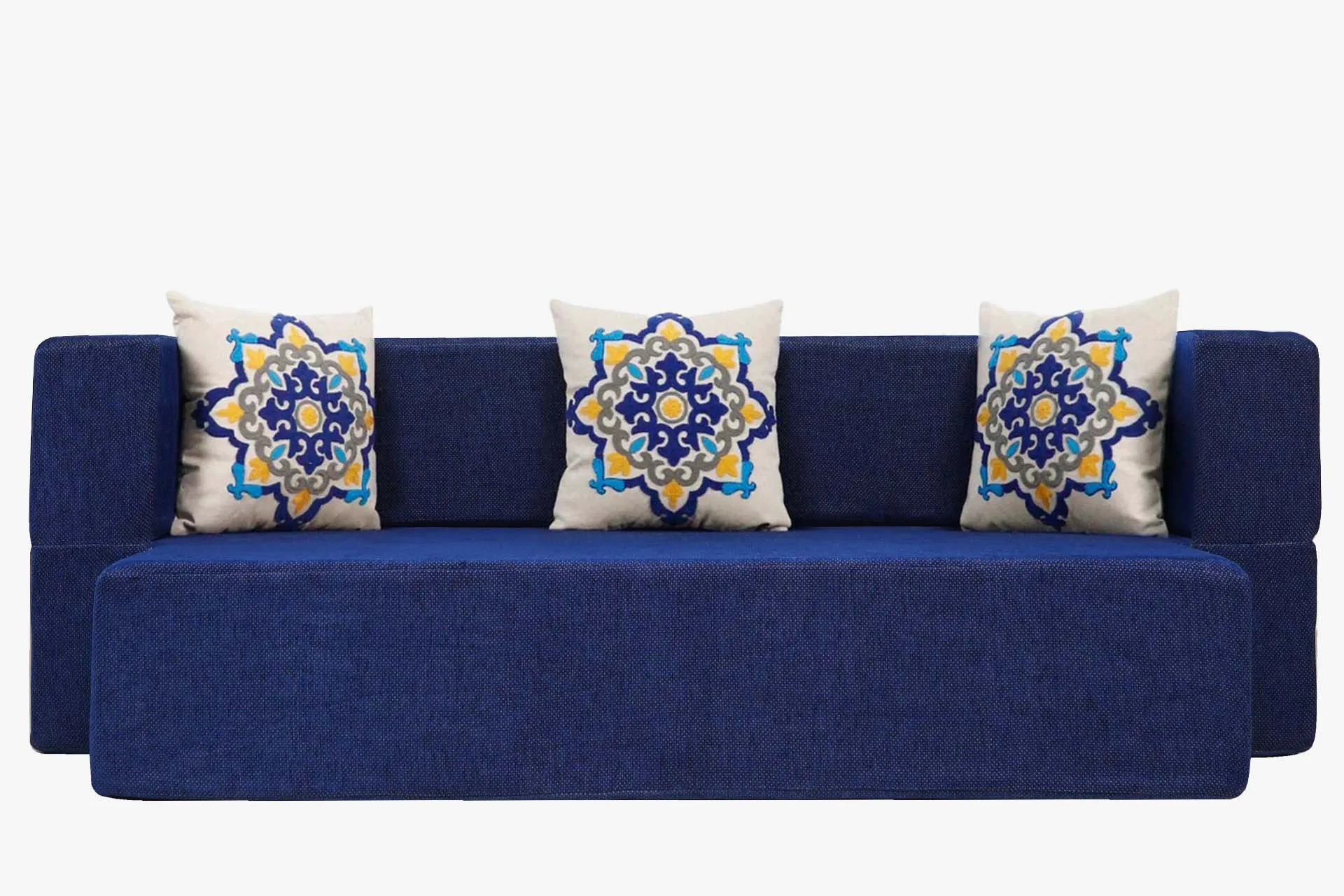 Uberlyfe New Age Folding Sofa Bed, Dotted Blue | 3 Seater | 3 Blue Medallion Cushion