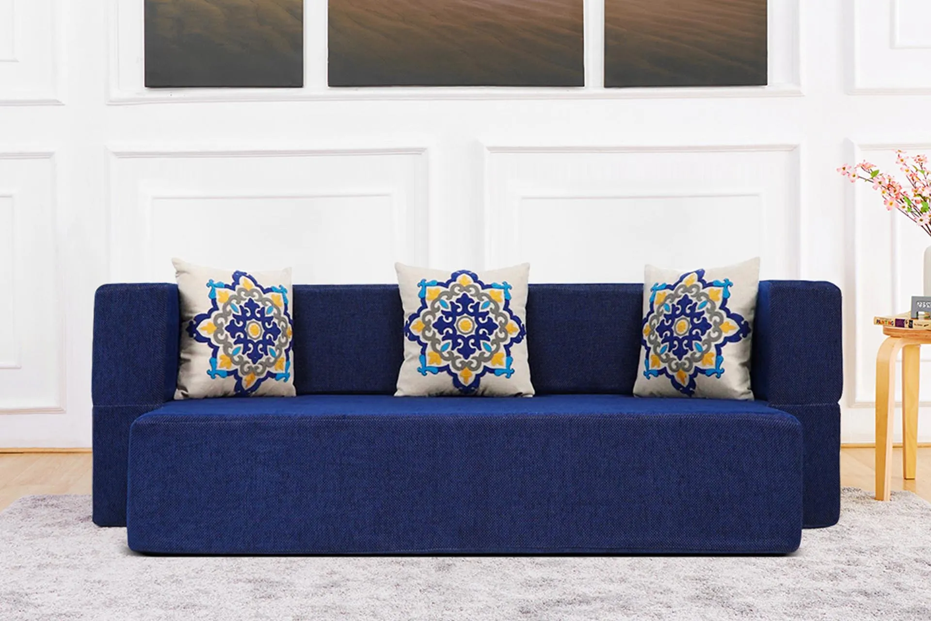 Uberlyfe New Age Folding Sofa Bed, Dotted Blue | 3 Seater | 3 Blue Medallion Cushion