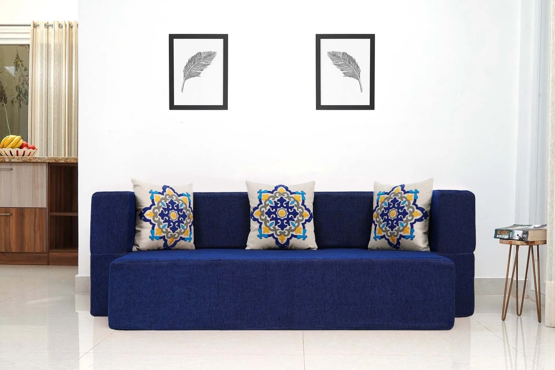 Uberlyfe New Age Folding Sofa Bed, Dotted Blue | 3 Seater | 3 Blue Medallion Cushion