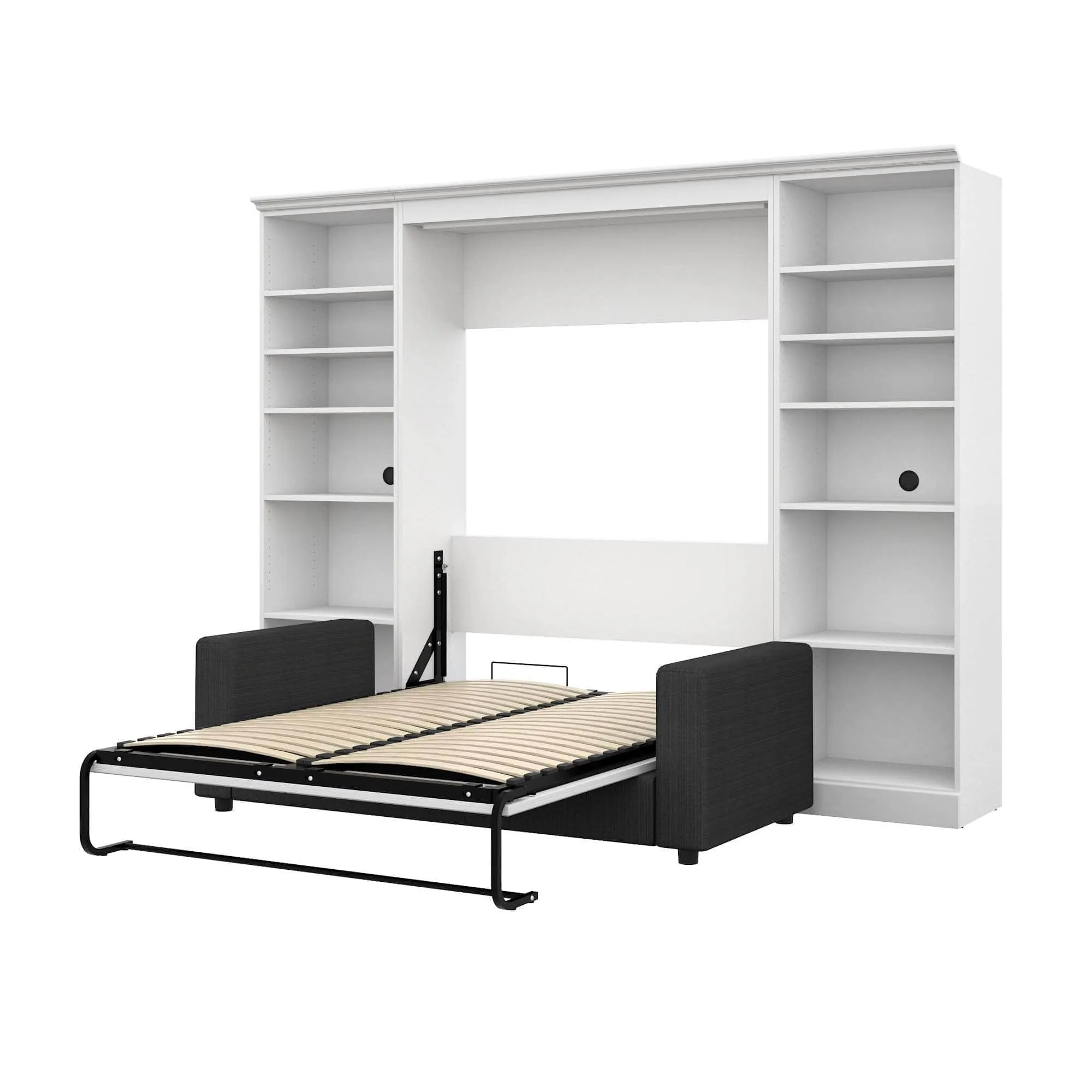 Versatile Full Murphy Wall Bed, 2 Storage Units and a Sofa (109“) - White